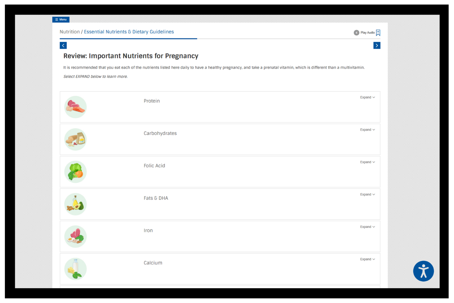 Understanding Pregnancy eClass nutrients for pregnancy section