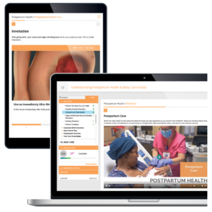 Examples of 'Understanding Postpartum Health and Baby Care' eClass displayed on an iPad and a laptop