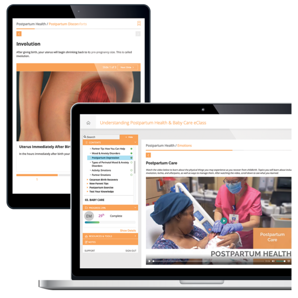 Examples of 'Understanding Postpartum Health and Baby Care' eClass displayed on an iPad and a laptop