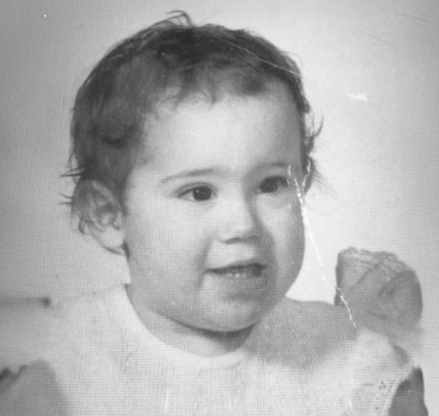 Black and white baby portrait of Casey