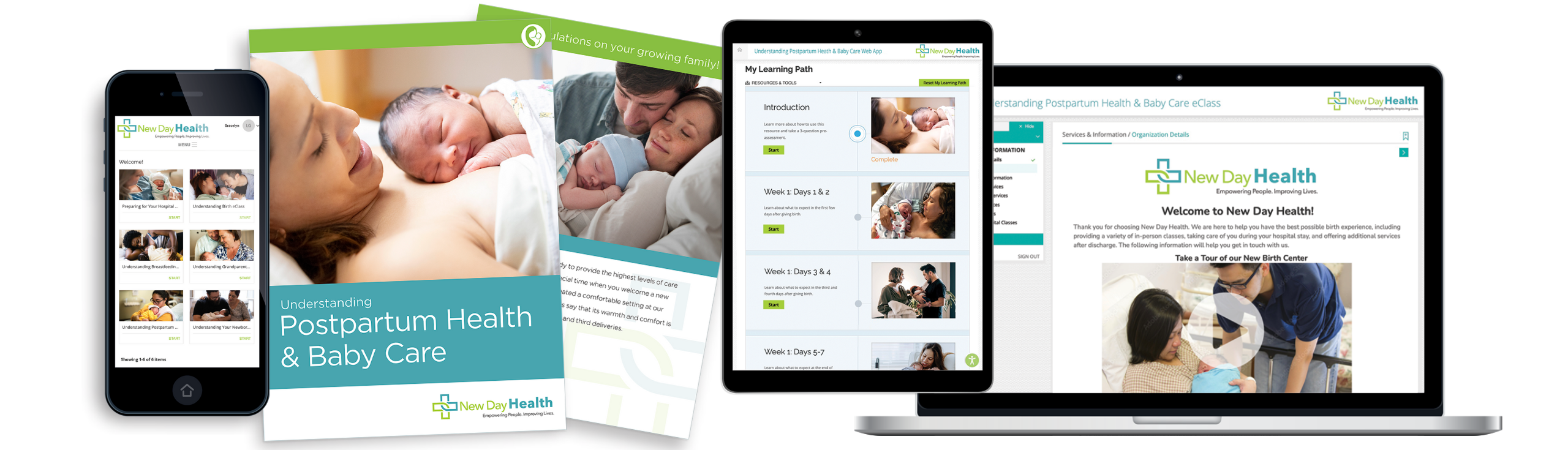 Examples of customized and branded perinatal teaching materials from InJoy, including digital and print products.