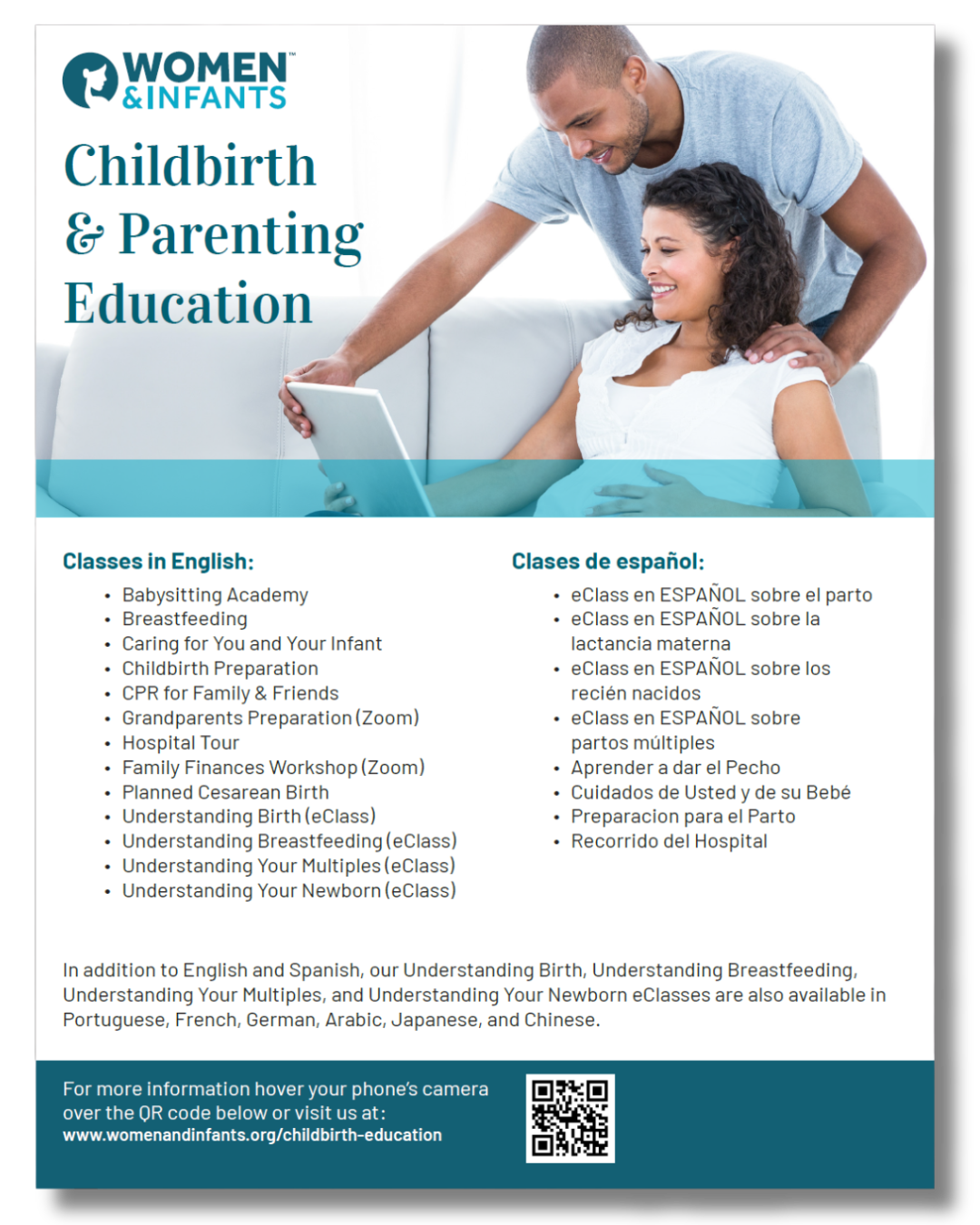 Women & Infants Flyer for Childbith & Parenting Education classes, including InJoy Health Education eClasses.