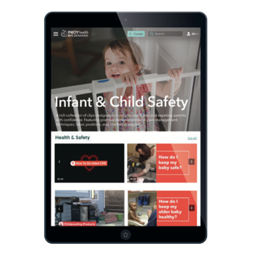 InJoy Health On-Demand Infant & Child Safety Video Library on an ipad.
