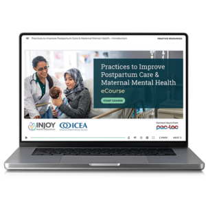 Computer displaying the first slide of InJoy Health Education’s Practices to Improve Postpartum Care & Maternal Mental Health eCourse.