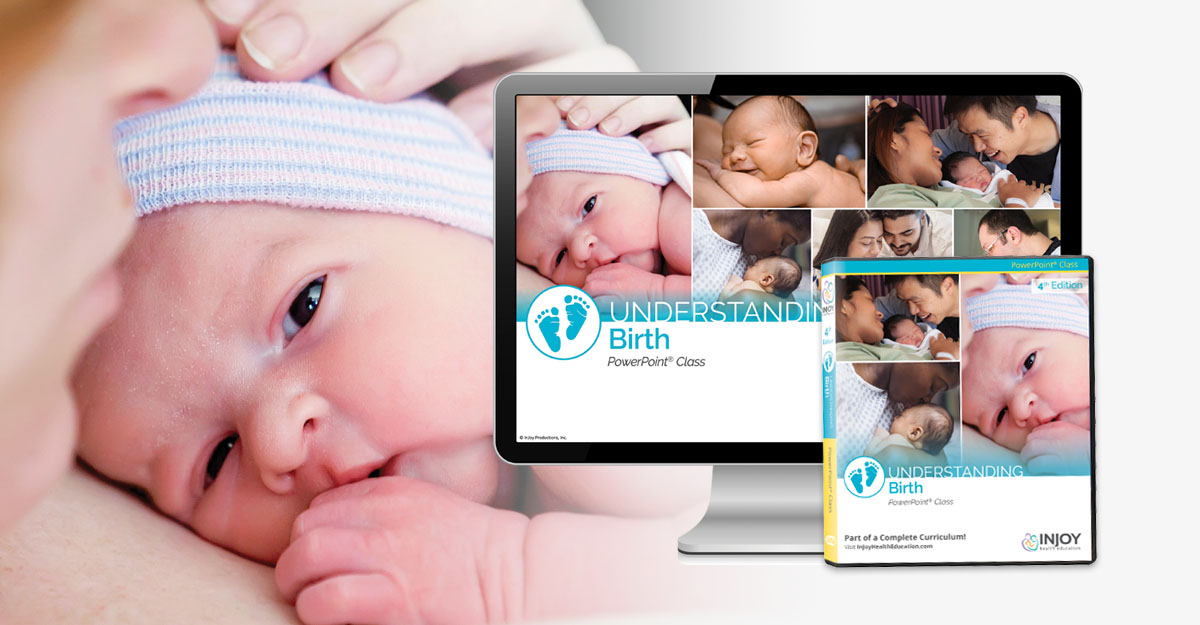 Understanding Birth Powerpoint USB packaging and shown on a desktop computer with a background image of mom and newborn