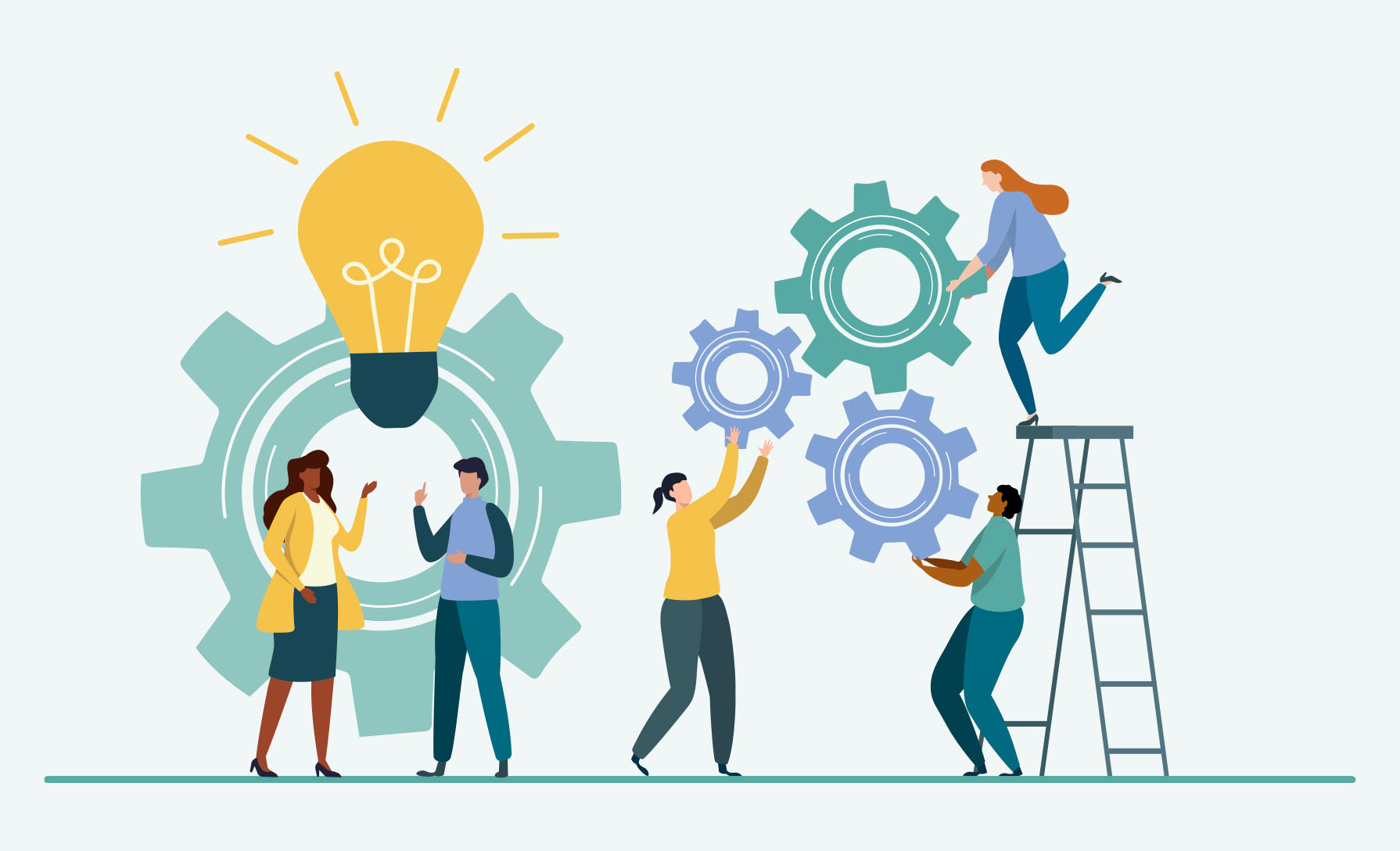 Illustration of a group of people working together; light bulb; gears