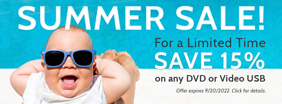 Baby with sunglasses by the pool. Summer sale, for a limited time save 15% on any dvd or video usb. Offer expires 9/20/2022. Click for details